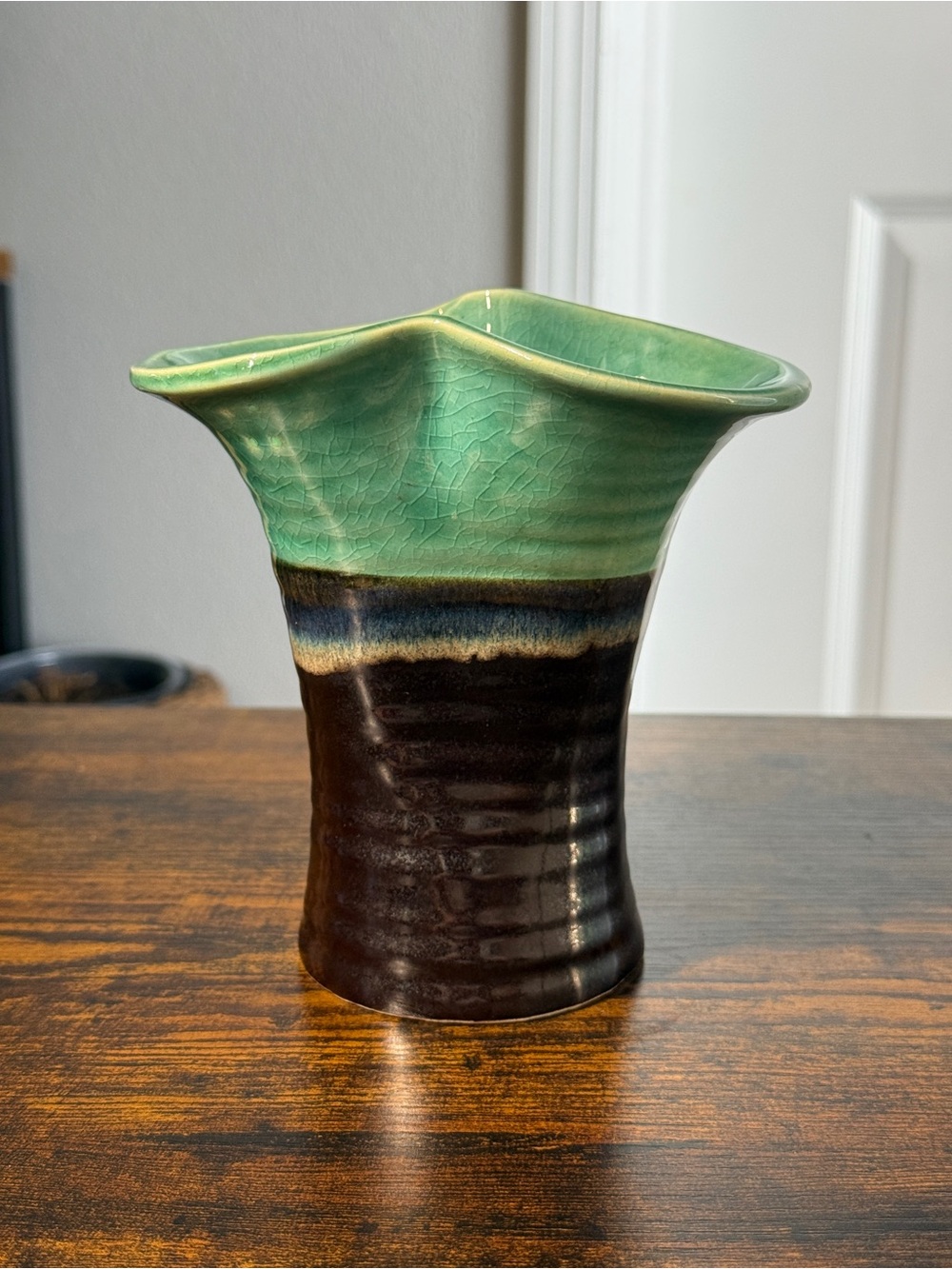 Vintage Studio Art Pottery Vase 6” Hand Thrown Green Brown Drip Glaze Wavy Rim